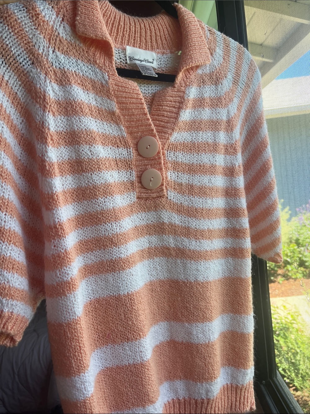 Striped Peach & White V-Neck Polo Sweater with Buttons